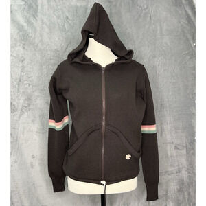 Vintage CIR Womens Sz L Full Zip Pure Wool Hoodie Sweater Sleeves Stripes Brown